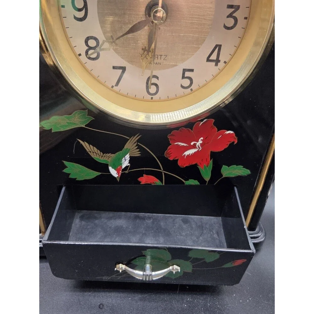 Vintage Yamanaka Quartz Mantel Clock Tabletop Black Red Hummingbird Flower